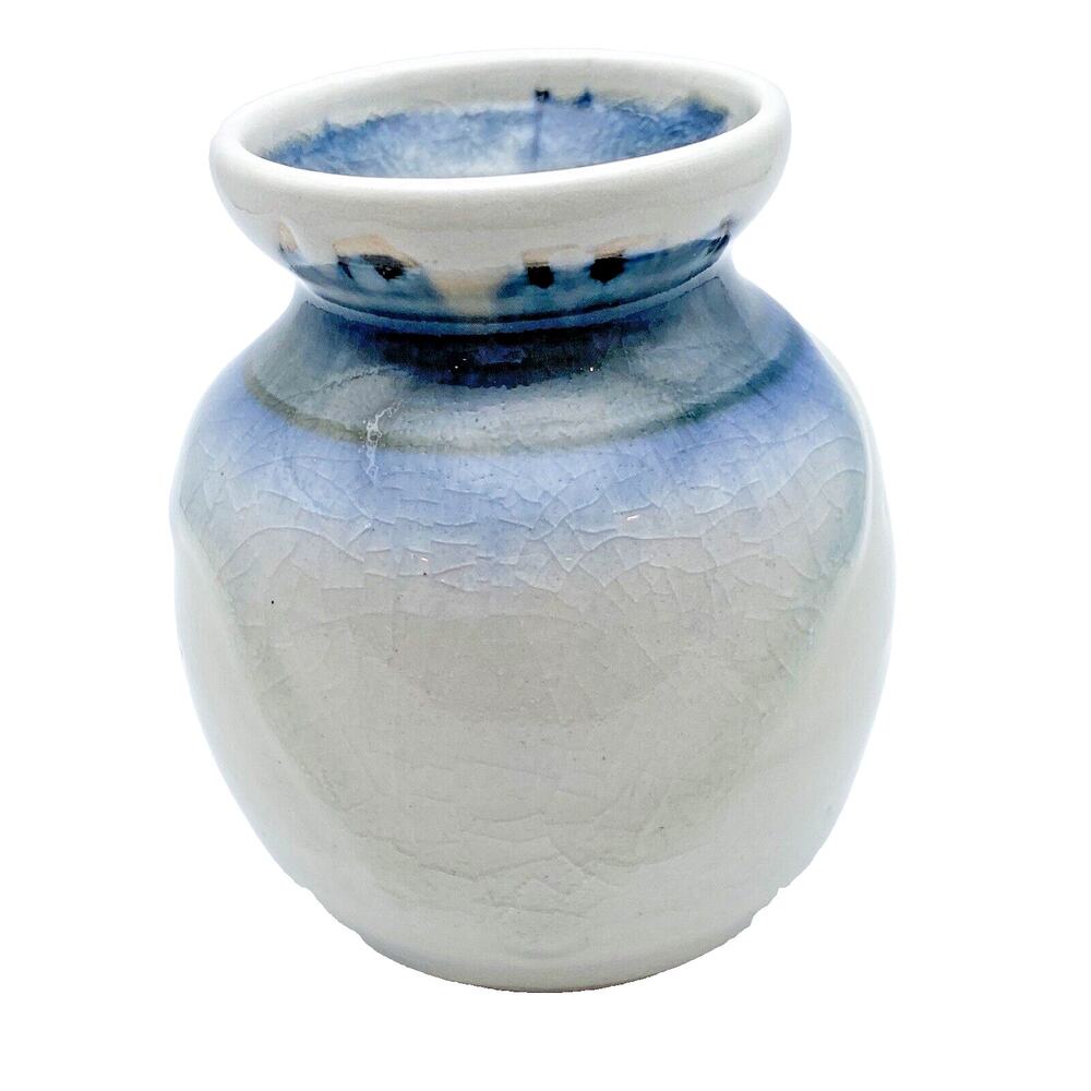 Studio Art Pottery Vase Jar Hand Thrown Blue Gray Drip Glaze Artist Signed 3.75"